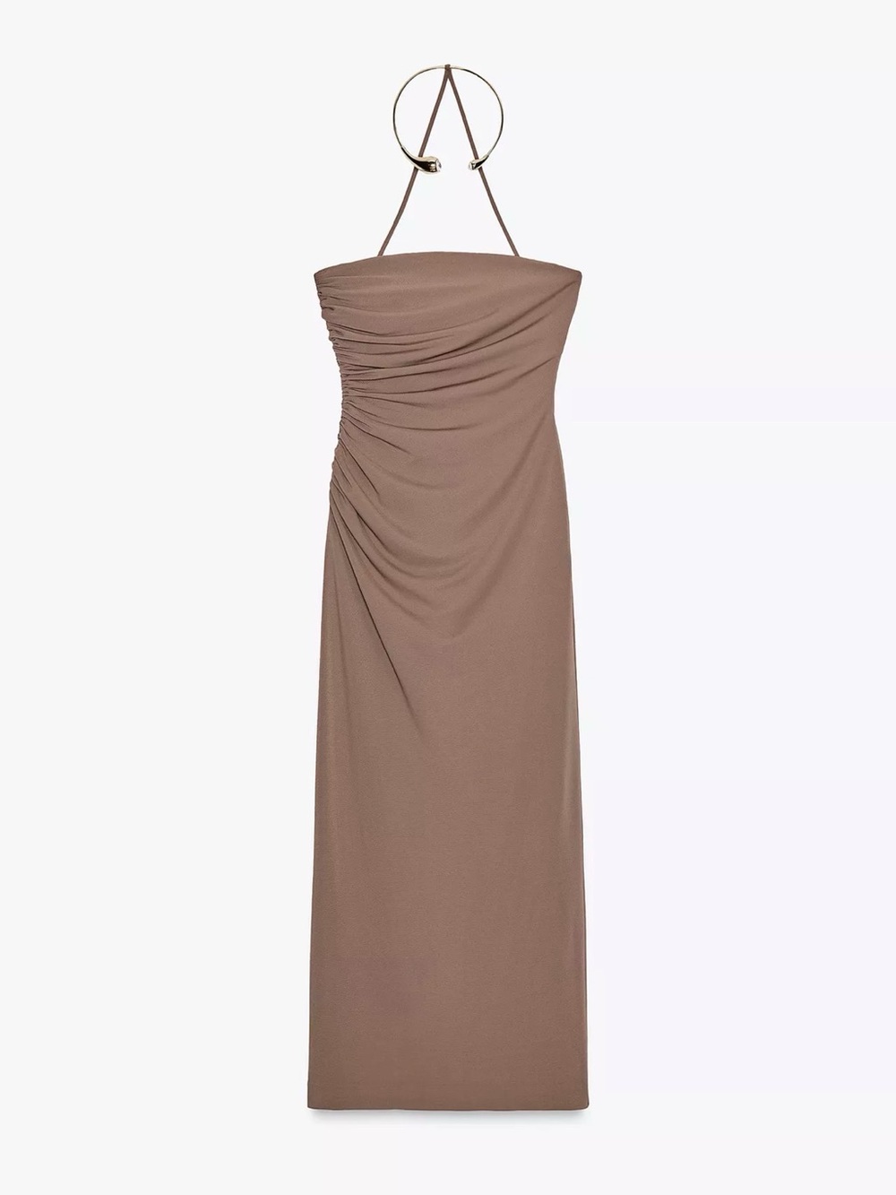 Jewel Neck Zara Strapless Taupe Bodycon Dress with Side Ruching